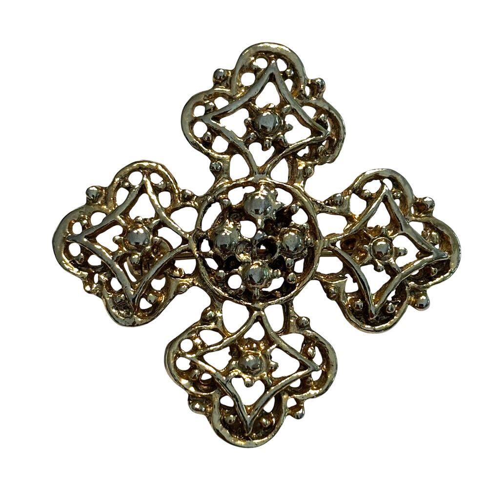 Vintage Brooch Gold Tone filigree medallion cross style pin 1970s jewelry